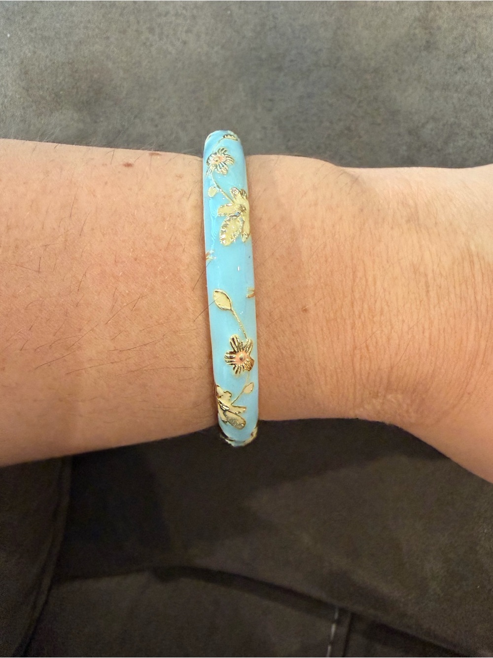 Light Blue Floral Bangle Bracelet with Gold Accents